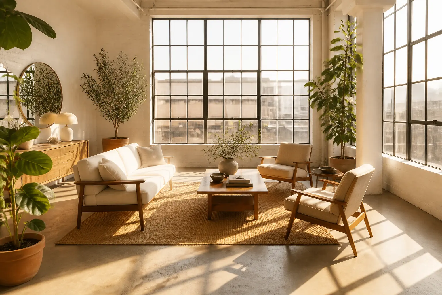 A sun-filled loft living room with tall steel-framed windows and potted plants