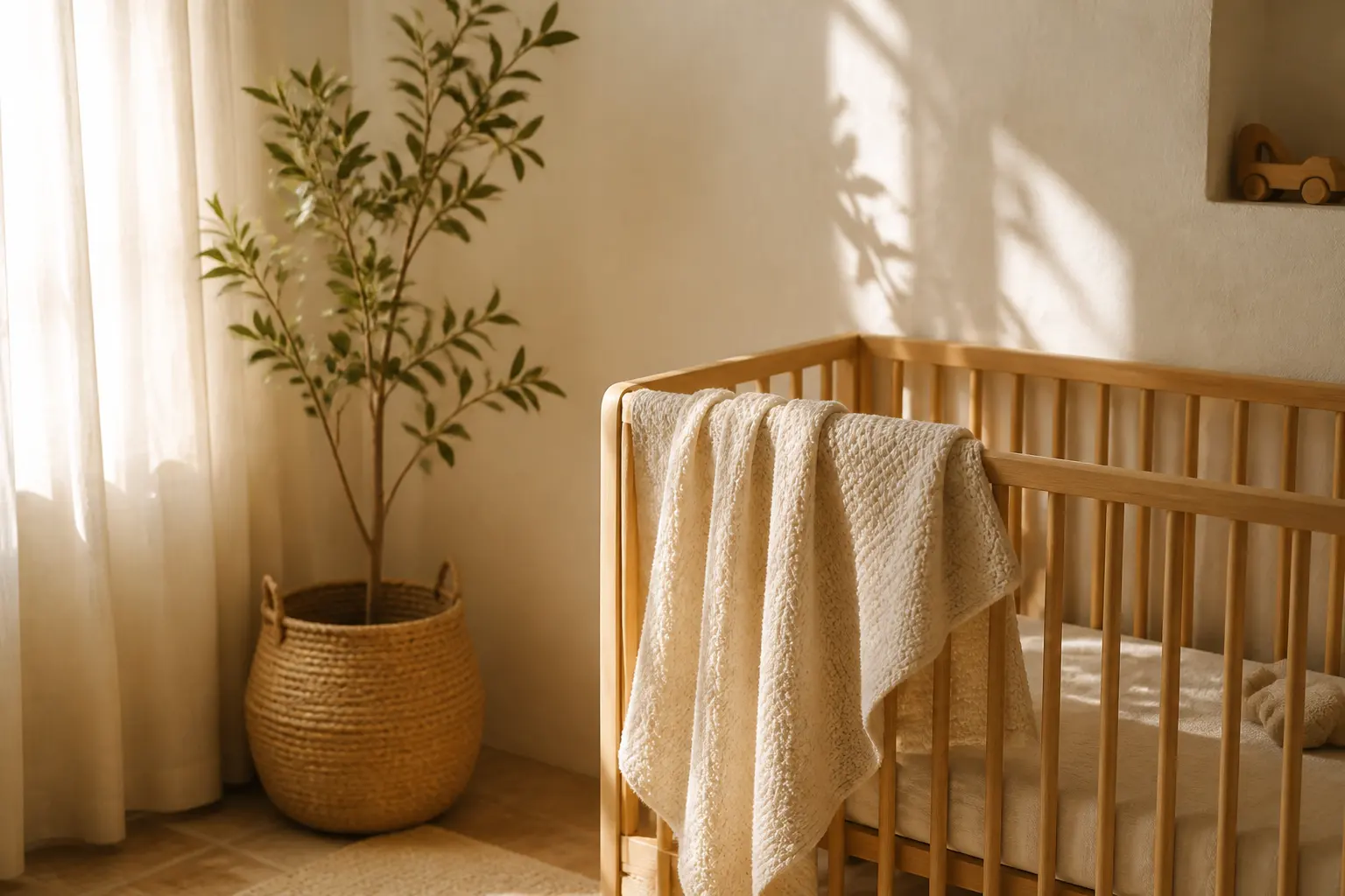 A wooden crib with a soft knitted blanket in a nursery lit by morning sun