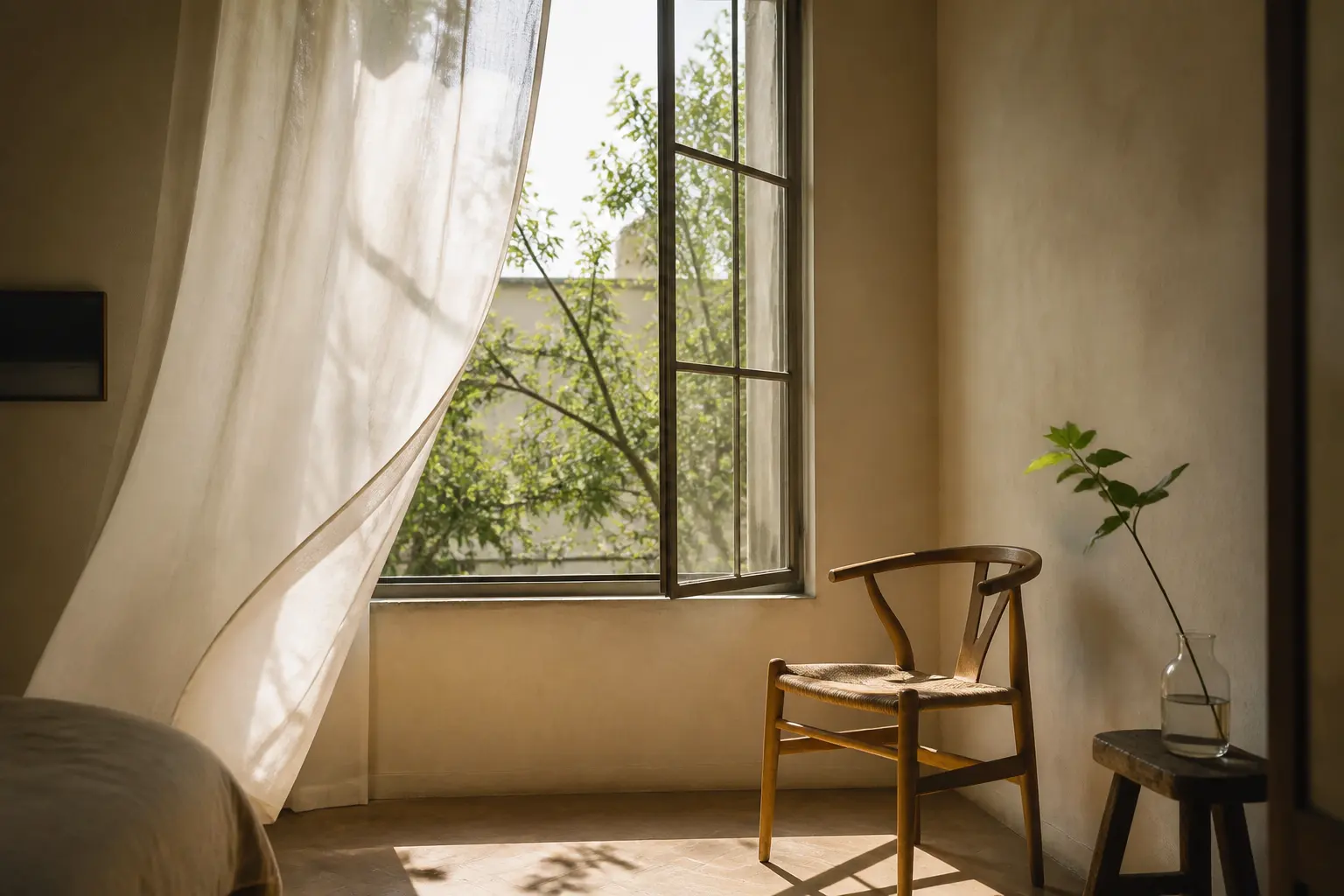 A quiet sunlit room with an open window and a single wooden chair