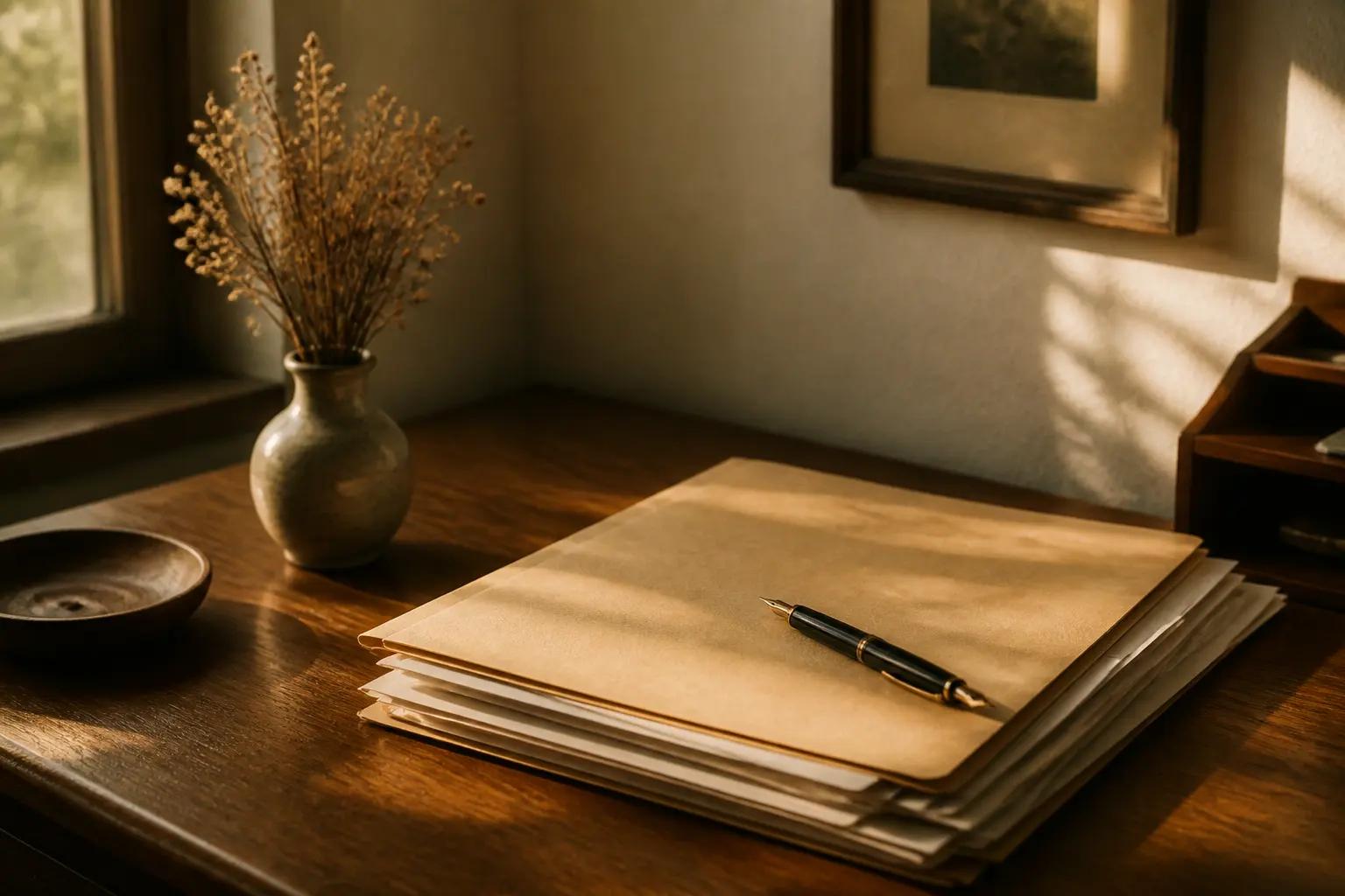 A folder of documents and a fountain pen on a wooden desk in afternoon light