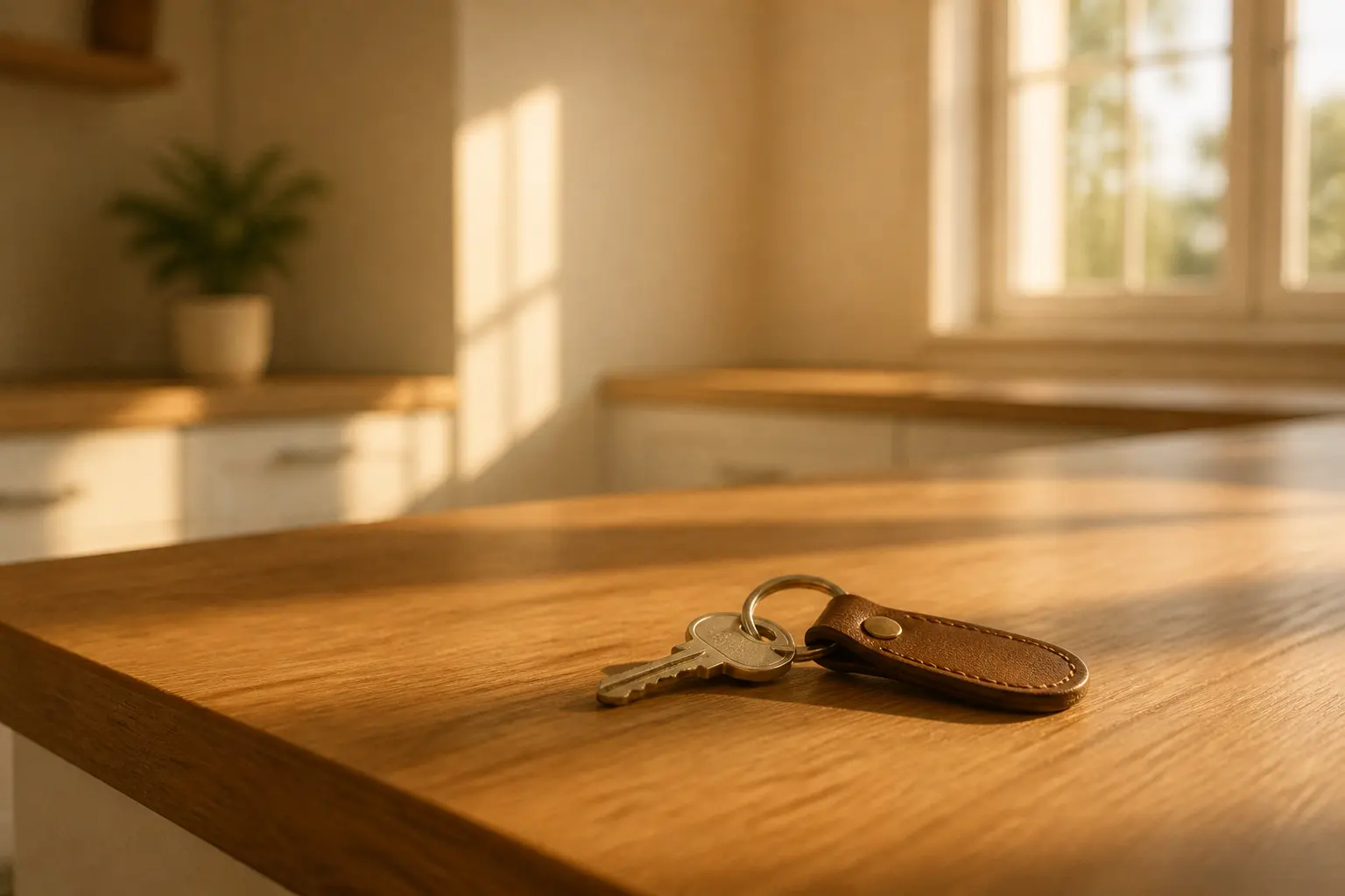 A set of house keys resting on a wooden countertop in a sunlit kitchen