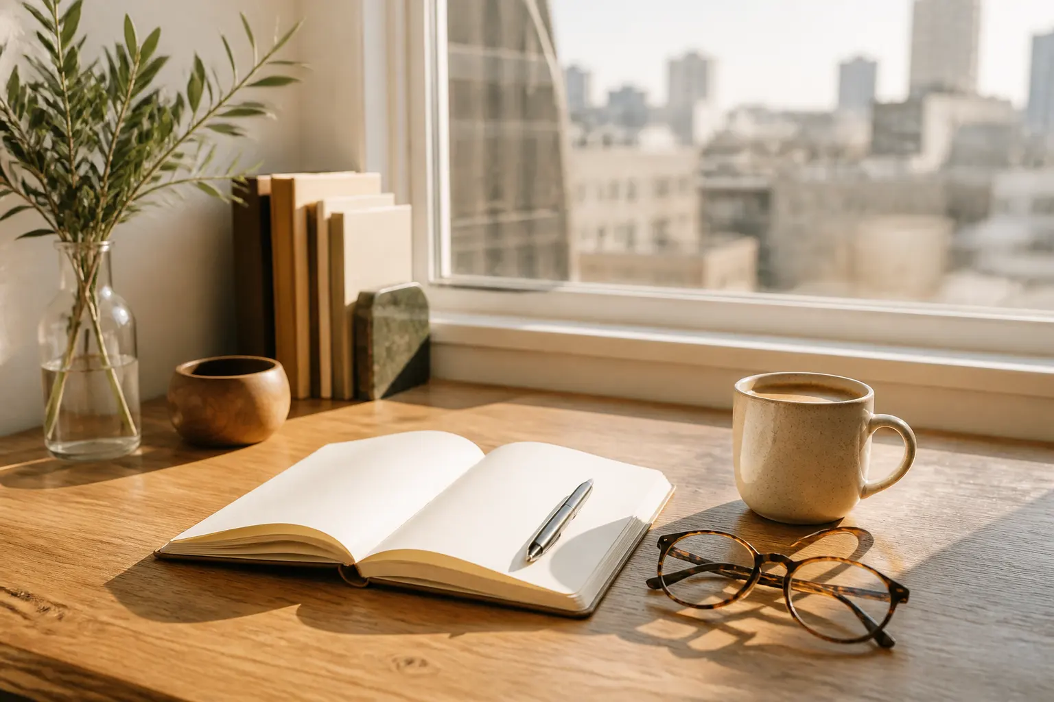 An open notebook, pen and coffee on a desk beside a bright window
