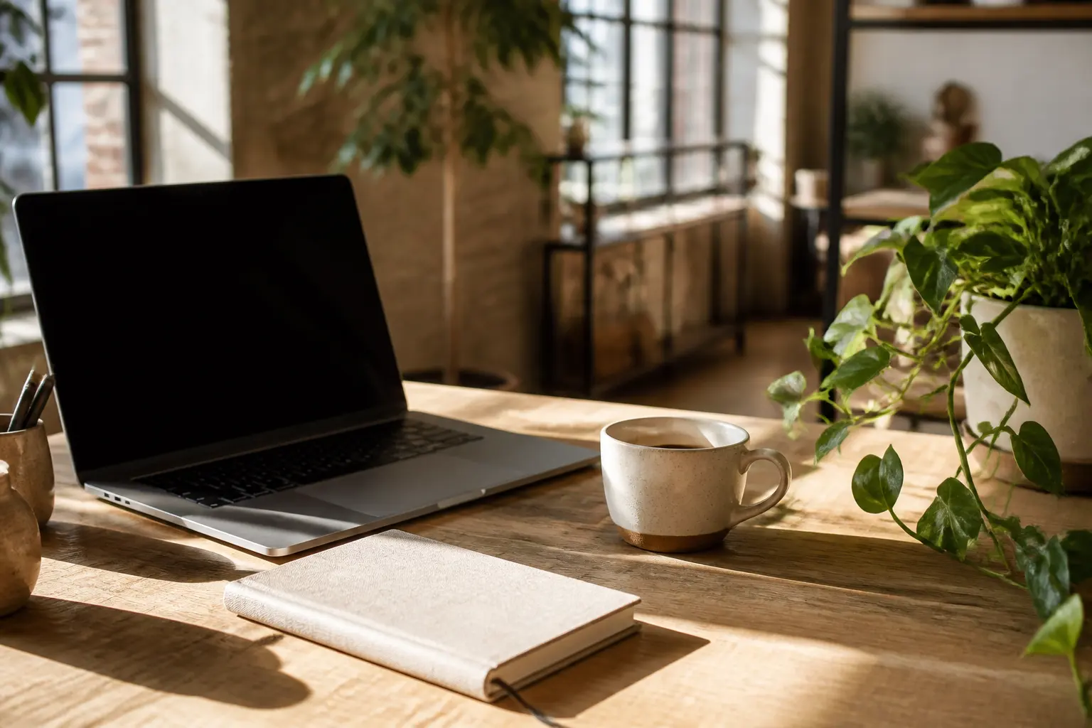 A sunlit desk with a laptop, notebook and coffee cup in a loft workspace