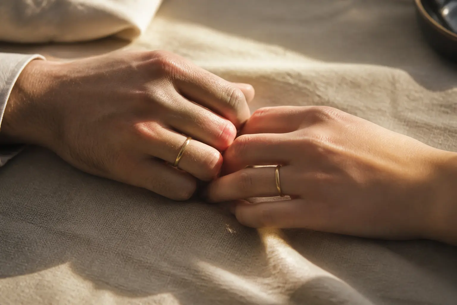 Two hands wearing simple gold wedding bands resting on a linen tablecloth