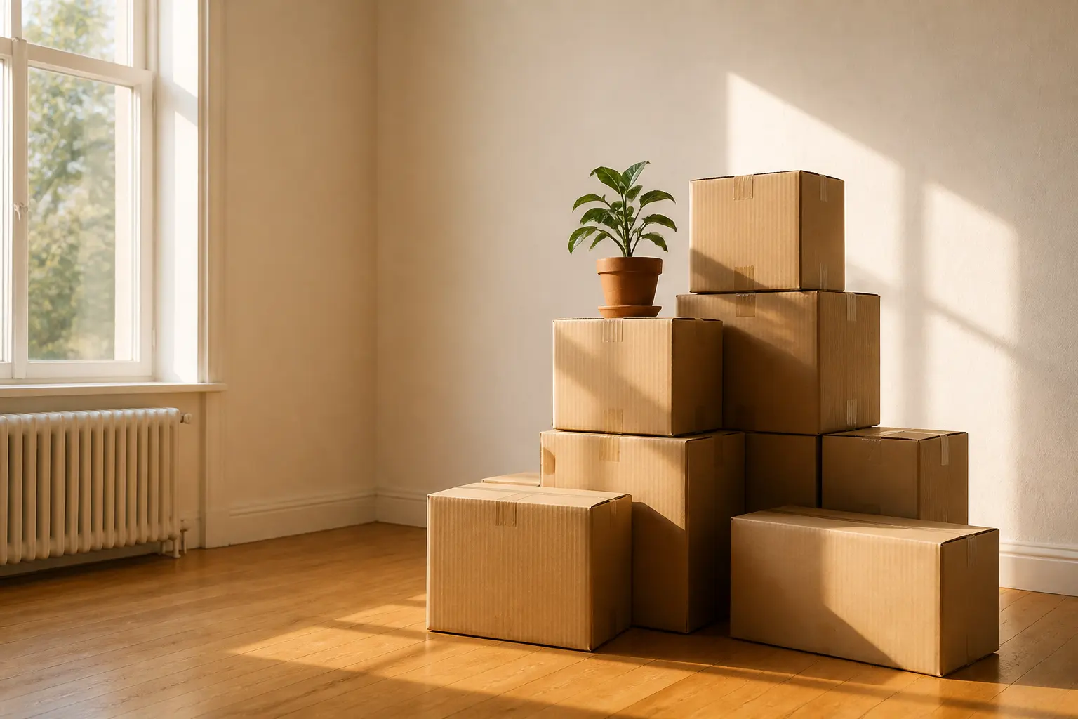 A stack of moving boxes in a sunlit empty room with hardwood floors