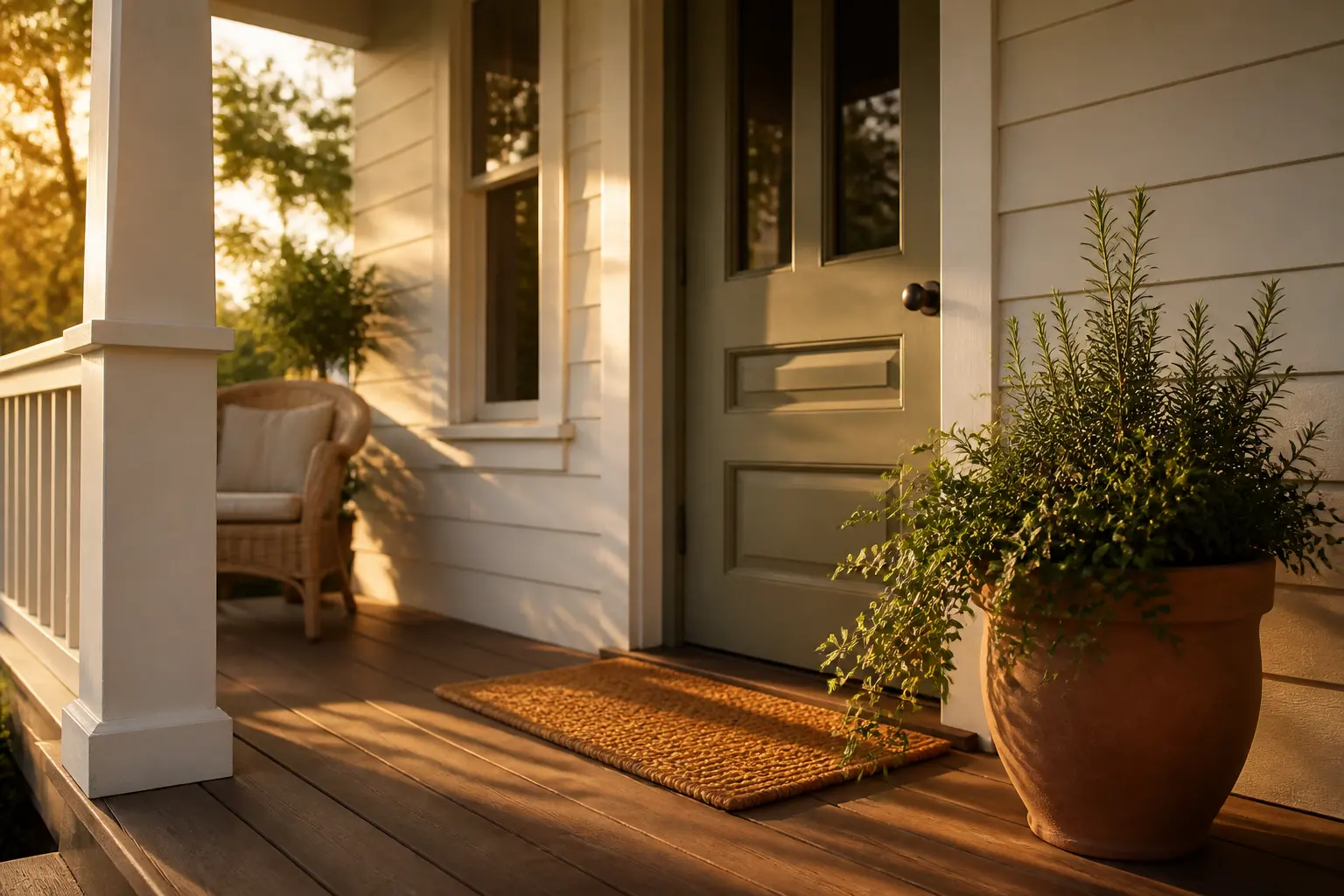 A welcoming front porch with a painted door and potted plants in evening light
